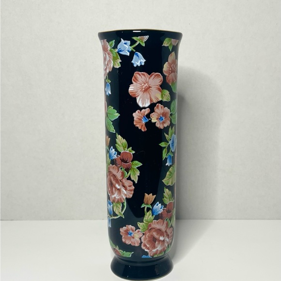 Otagiri Tavistock Floral Garden Vase Black Pink Flowers Gold Trim Made In Japan - Picture 2 of 5